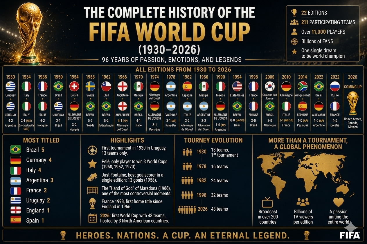 Complete history of the FIFA World Cup from Uruguay 1930 to Qatar 2022