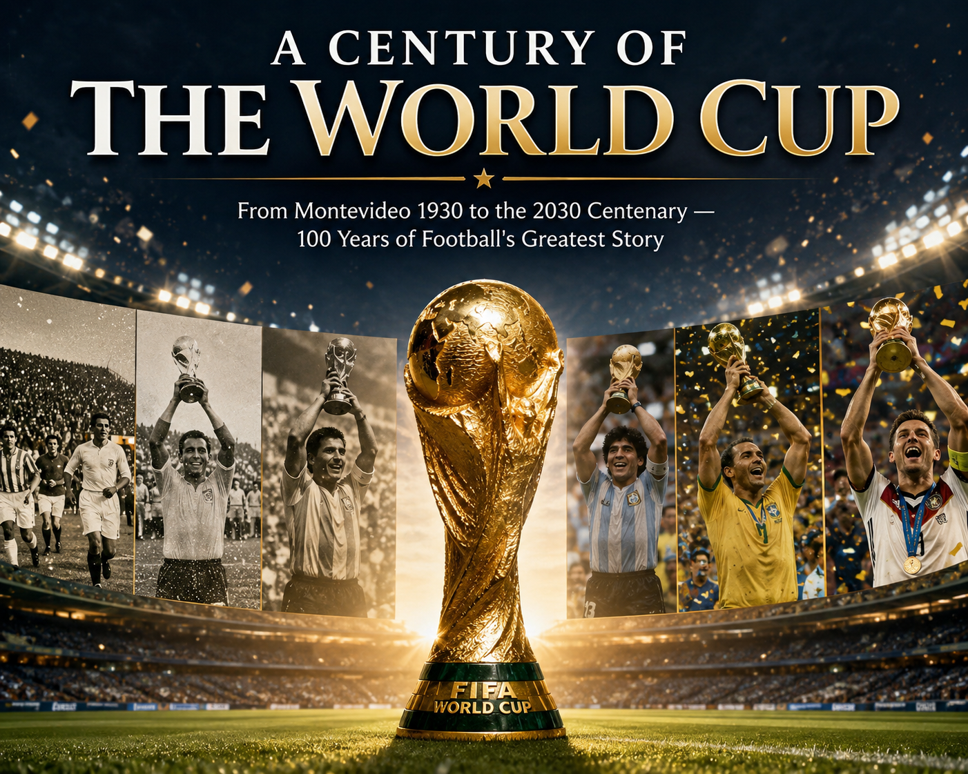 A Century of the World Cup — the FIFA World Cup trophy flanked by winning captains from 1930 to 2014